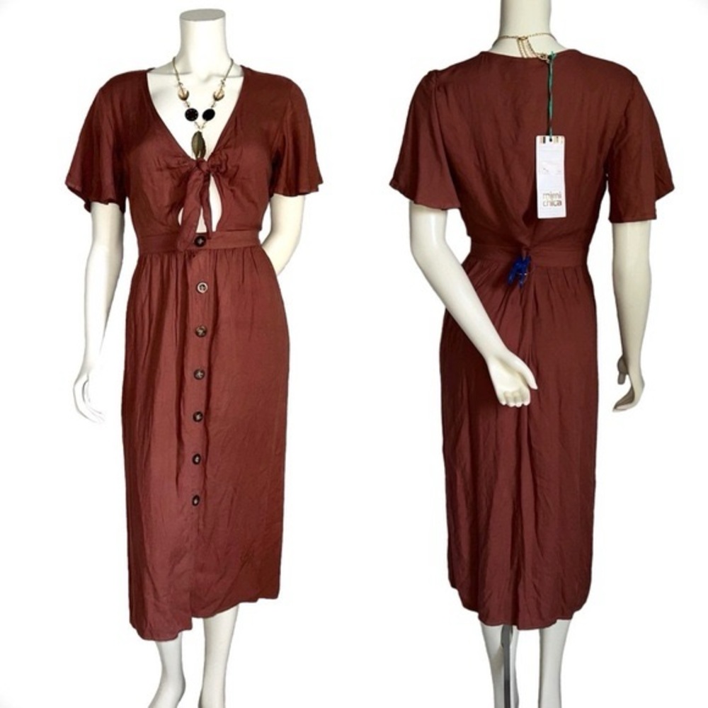 Mimi Chica | Rust Midi Dress | Bohemian Flared Sleeves Tie-Front Button Dress